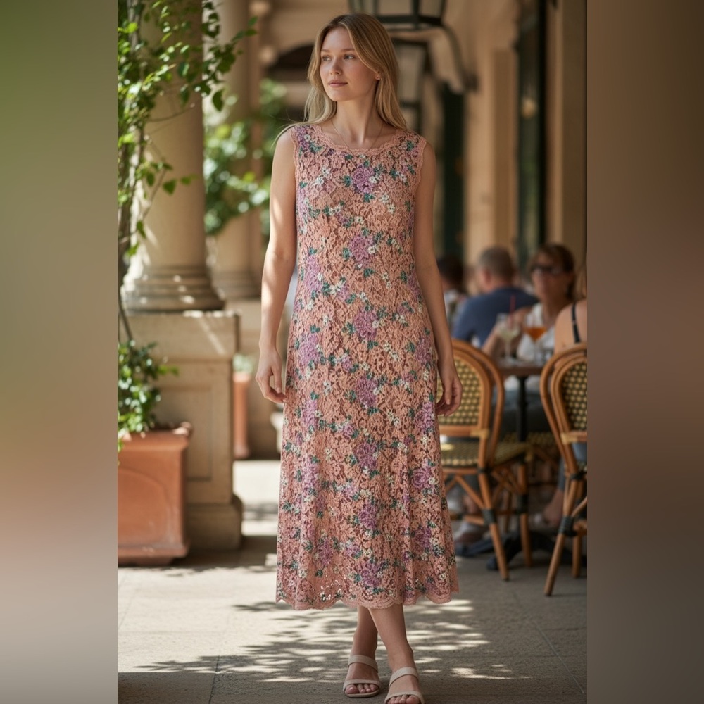 LUISA BECCARIA Lace Embroiderd Midi Gown Dress in Size 44 US 8